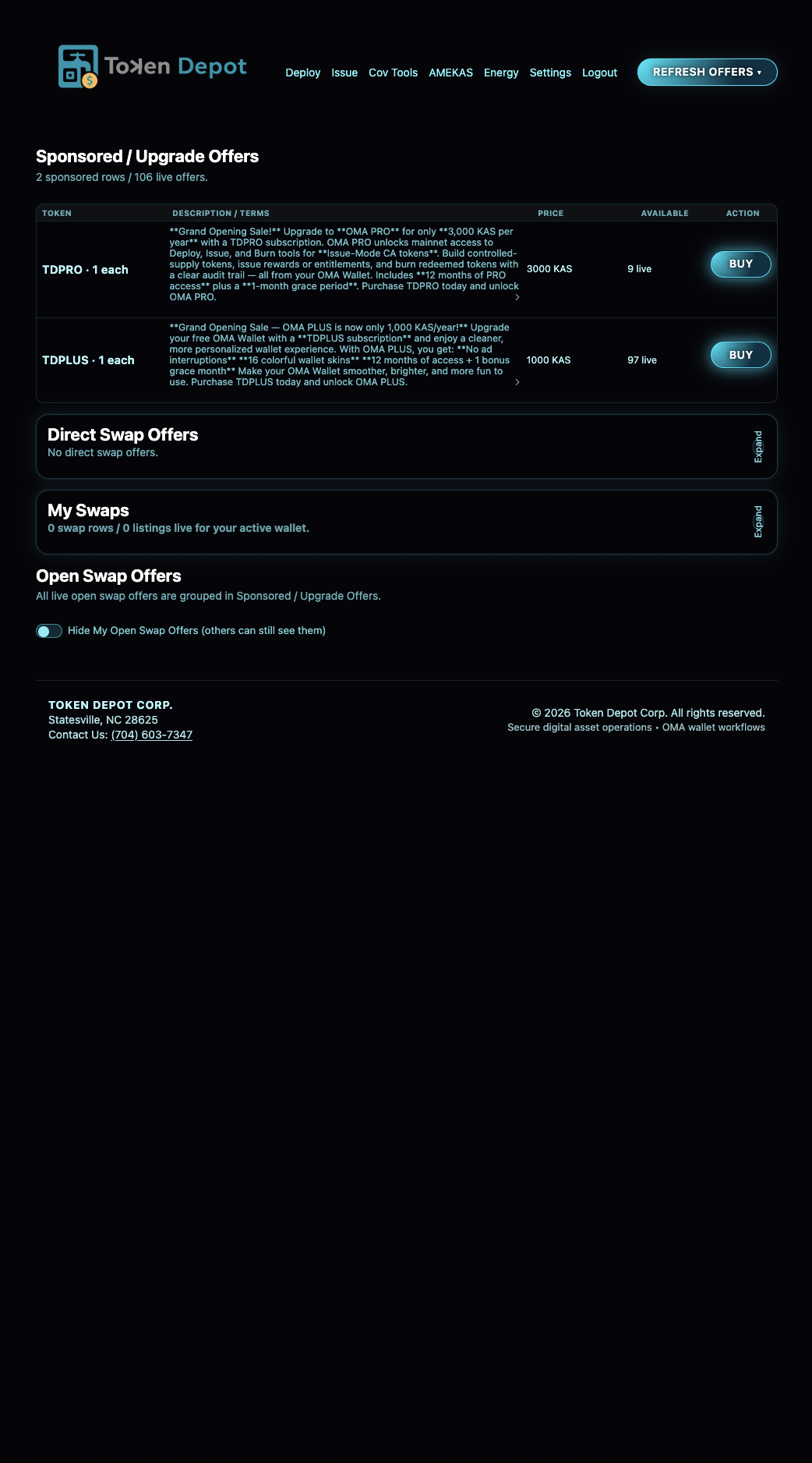 Offers and swaps in the supplied OMA interface