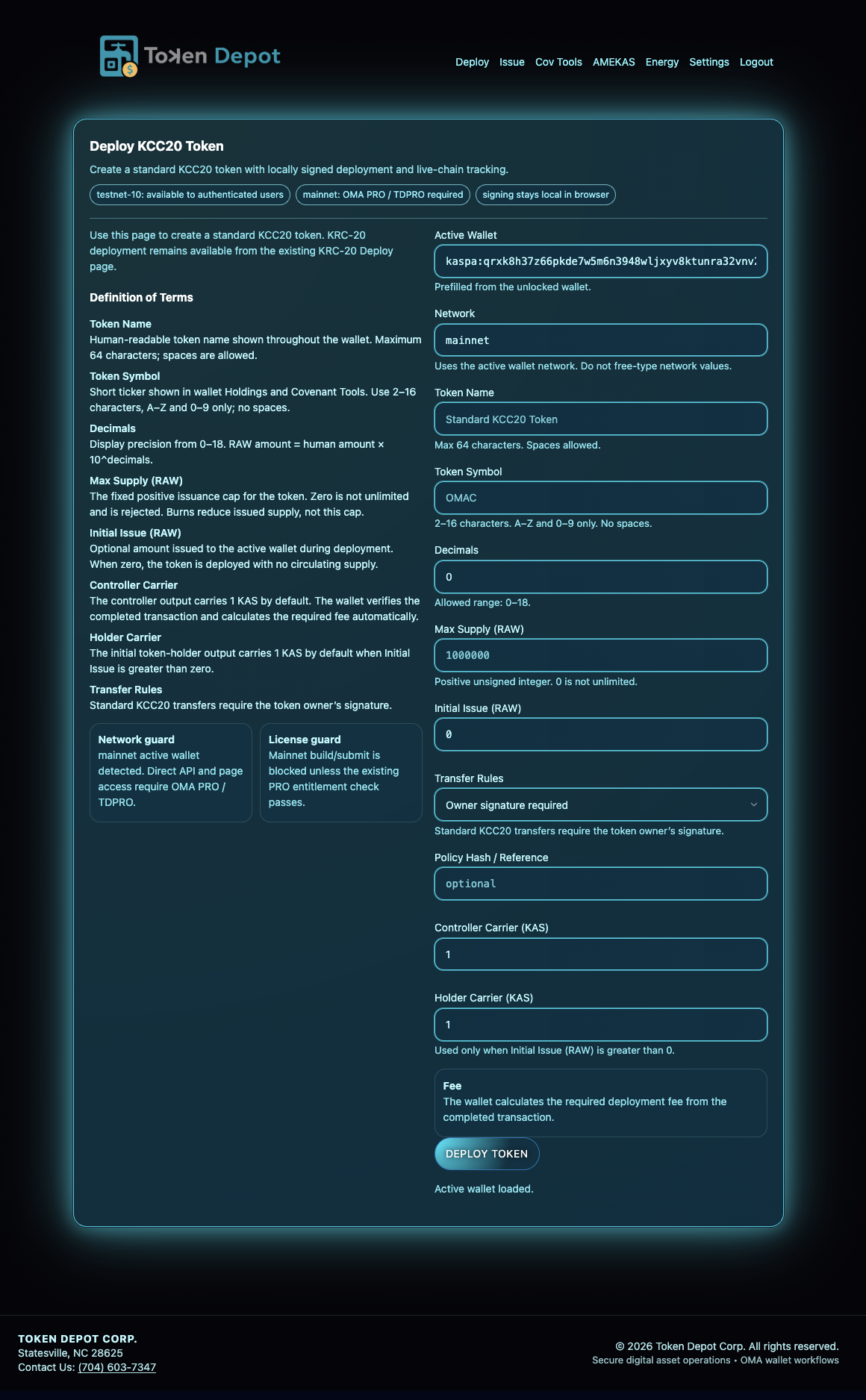 KCC20 Deploy in the supplied OMA interface
